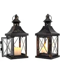 Set of 2 Decorative Metal Candle Lantern, 11&#039;&#039; High, Indoors, Black/Gold Brush