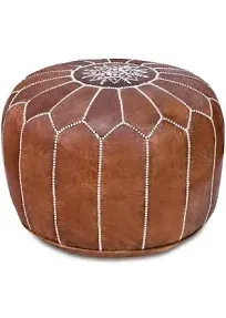 Stuffed Handmade Genuine Leather Moroccan Pouf, Ottoman (Tan)