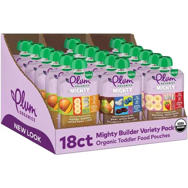 Plum Organics Mighty Builder Organic Toddler Food - Fruit and Veggie Blend Variety Pack - 4 oz Pouch (Pack of 18) - Organic Fruit and Vegetable