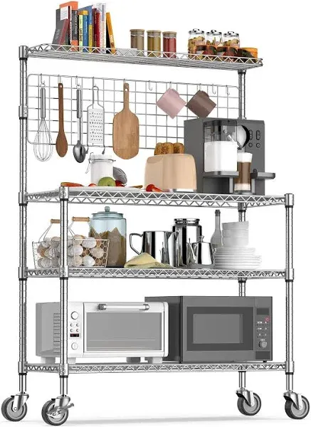 Leteuke Kitchen Bakers Rack Nsf Certified 4-Tier Microwave Stand with Wheels 20 S-Hooks