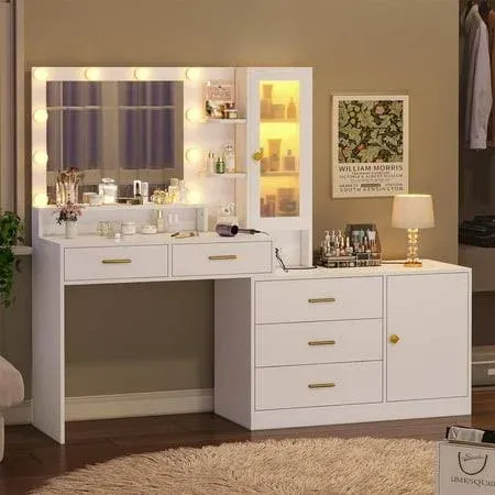 BTHFST Vanity Desk with Mirror, Lights, 5 Drawers, and Storage Shelves
