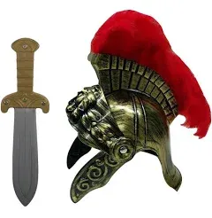 Adult Roman Gladiator Legion Helmet With Red Feather Plume and Sword Costume