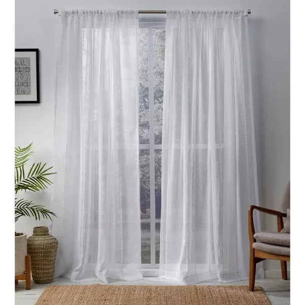 Exclusive Home Santos Embellished Stripe Textured Linen Sheer Rod Pocket Curtain Panel Pair