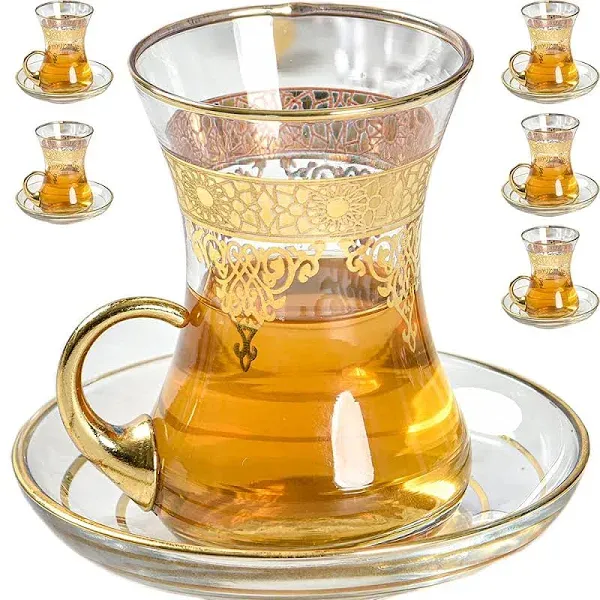 Turkish Tea Glasses Cups Set of 6 and Saucers Glassware, Moroccan Tea Gold