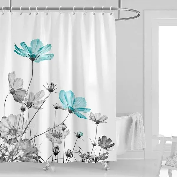 Teal and Gray Floral Shower Curtain 60''W x 72''L Grey White Daisy Flower Elegant Wildflower Design Farmhouse Polyester Fabric Waterproof 12 Pack Plastic Hooks