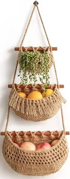 3 Tier Wall Mounted Hanging Fruit Basket, Macramé