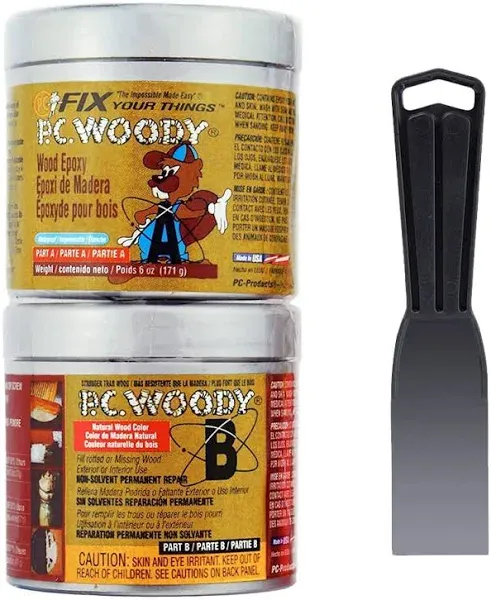 PC Products PC-Woody Wood Repair Epoxy Paste Kit with Mixing Tool, Two-Part 12 oz in Two Cans, Tan, 63320