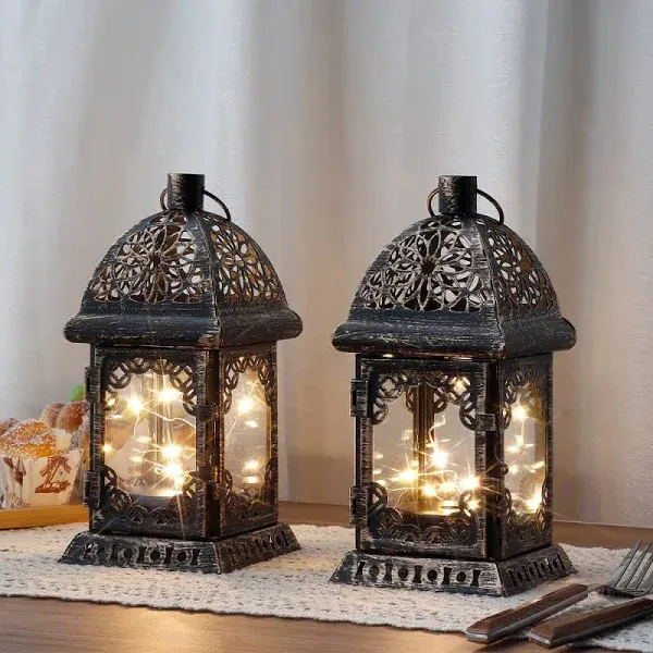 TRIROCKS Set of 2 Vintage Style Decorative Lantern 8'' H Battery Operated Metal Lantern Hanging Lantern with LED Fairy Lights Perfect for Living Room Events Indoors (Black with Gold Brush)