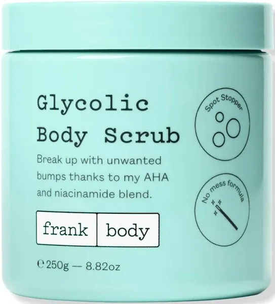 frank Body Glycolic Body Scrub | Vegan, Cruelty Free, Exfoliating Body Scrub | Helps to Fight Breakouts and Soothes Skin & Marks with AHA, Pumice, Witch Hazel, and Niacinamide | 8.82 oz / 250 g