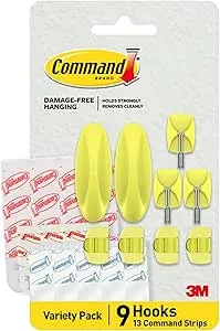 Command Mixed Hooks Pack, 9 Lavender Hooks, 13 Strips (2 Medium Designer Hooks, 4 Medium Indoor Strips; 3 Small Wire Hooks, 4 Small Indoor Strips; 4 Clear Round Cord Clips, 5 Small Clear Strips)