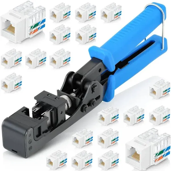 Everest Media Solutions easyJACK - 90° Angled Speed Termination Tool - with 20-Pack of RJ45 Cat6 Keystone Jacks in Black - Additional Jacks are Available - (90U6KJ50BLA)