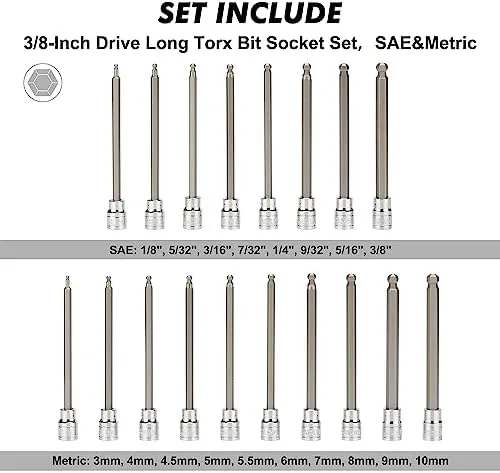 CASOMAN 10 Pieces 3/8 Inch Drive Long Hex Bit Socket Set, 1/16 Inch to 1/2 Inch, SAE, Extra Long Allen Hex Bit Socket Set, CR-V and S2 Steel