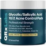 QRxLabs Glycolic/Salicylic Acid 10/2 Acne Control Pads with 10% Ultra Pure Glycolic + 2% Salicylic Acid, Allantoin, Vitamins B5, C & E, Calendula Green Tea - Most Effective Treatment Clear Skin