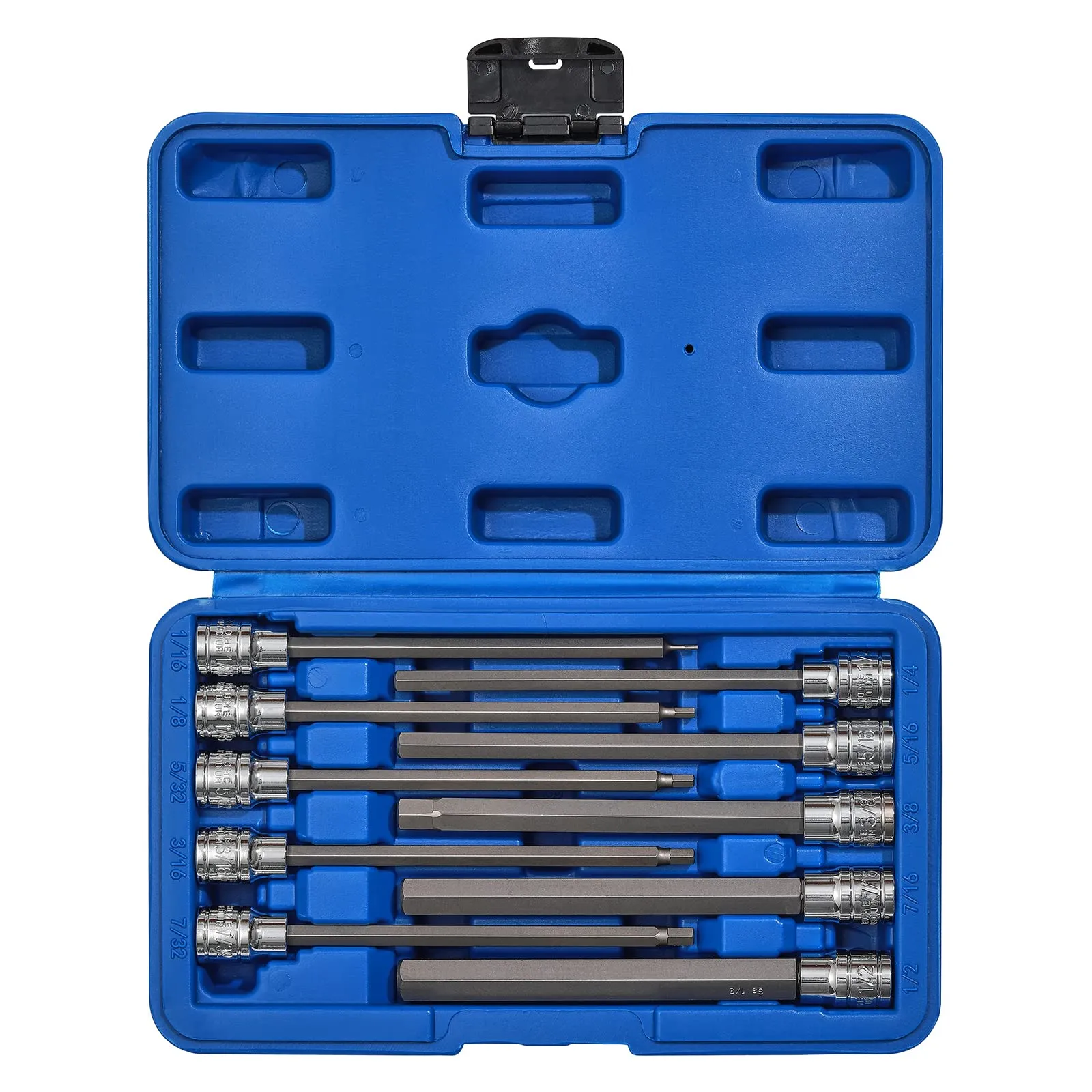 10 Pieces 3/8 Inch Drive Long Hex Bit Socket Set, 1/16 Inch to 1/2 Inch, SAE, E