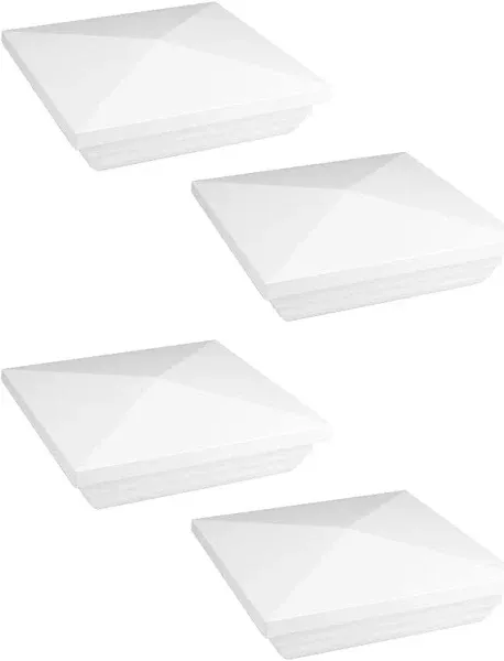 QWORK Vinyl Fence Post Cap, 4 Pack 4" x 4" PVC Square Fence Post Top Cover, New England Pyramid Style, for Mailbox, Lamp Post, Deck, Dock, Piling Caps, White