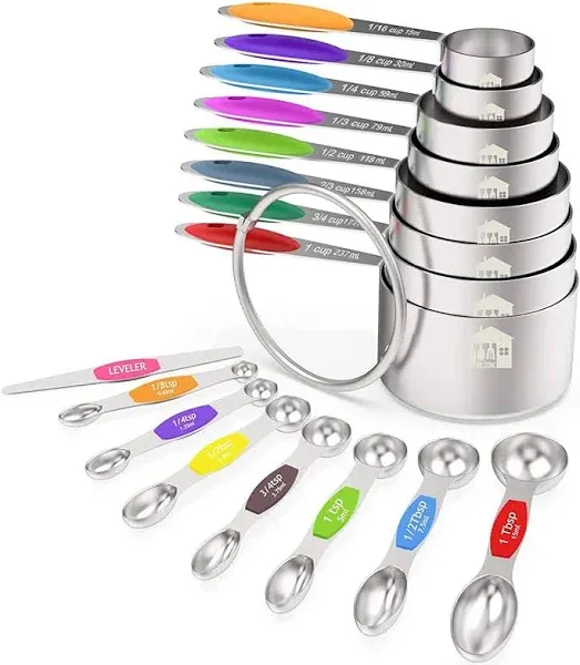 Measuring Cups and Magnetic Measuring Spoons Set, Wildone Stainless Steel 16 Piece Set, 8 Measuring Cups & 7 Double Sided Stackable Magnetic Measuring Spoons & 1 Leveler