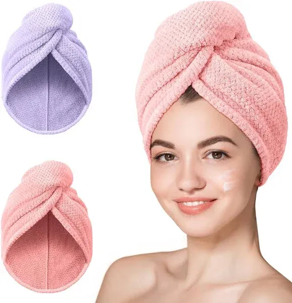 Hicober Microfiber Hair Towel, Super Absorbent Hair Towel Wrap for Women,Fast Drying Hair Wrap Turban for Curly Long All Hair Types Stay Put-2Packs