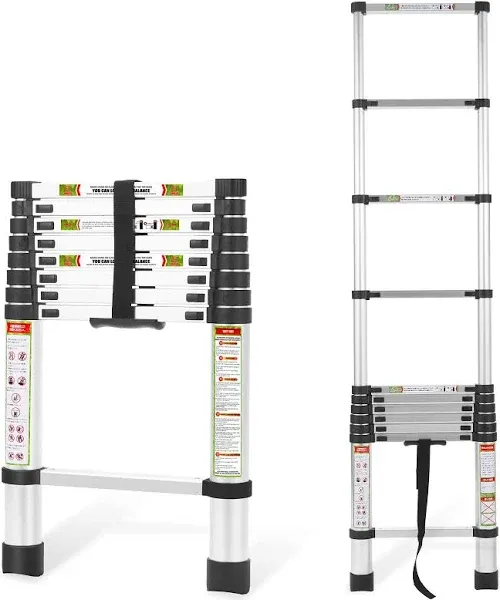 Telescoping Ladder, 8.5 FT Aluminum Telescopic Extension Ladder, Multi-Purpose Design, Non-Slip Feet, Perfect for Household, Outdoor, and RV, 330lb Capacity