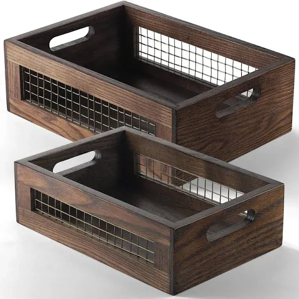 Set of 2 Wooden Nesting Countertop Baskets Decorative Wood Storage Box Farmhouse