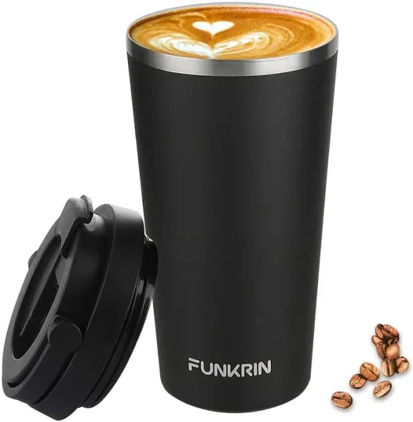 Funkrin Insulated Coffee Mug with Ceramic Coating, 16oz Iced Coffee Tumbler Cup with Flip Lid and Handle, Double Wall Vacuum Leak-Proof Thermos Mug for Travel Office School Party Camping