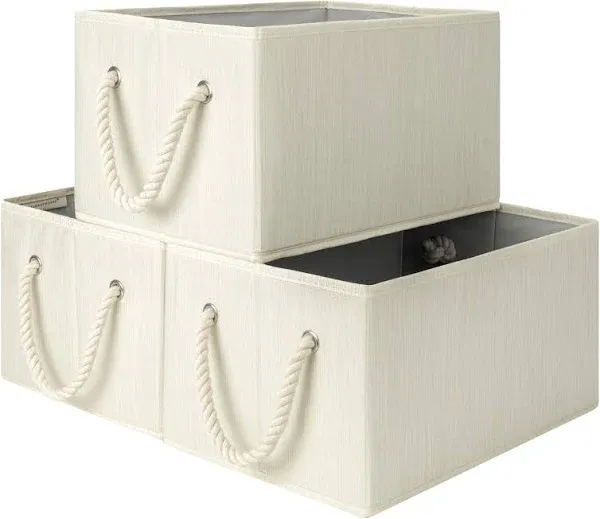 StorageWorks 3-Pack Foldable Storage Bins with Cotton Rope Handles Ivory