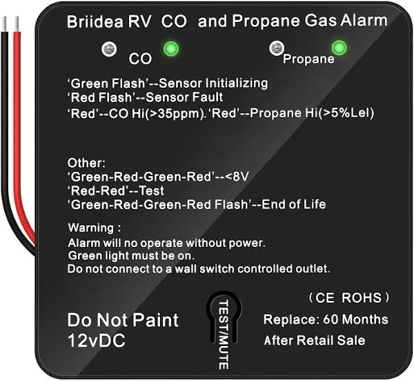 RV Carbon Monoxide & Propane Gas Alarm, Briidea Dual LP/CO Alarm, Separate LED Indicators, 100dB Loud, Early Warning Safety System, 12 VDC, White