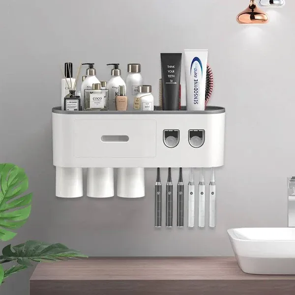 TuCao Wall Mounted Toothbrush Holder with Double Automatic Toothpaste Dispenser and Squeezer