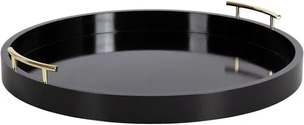 Kate and Laurel Lipton Round Decorative Tray with Metal Handles - Black - 15.5" Diameter