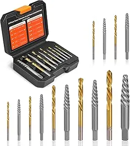 14PCS Stripped Screw Extractor Set, 35# Cr-Mo & 6542 HSS Steel Cobalt Left Handed Drill Bit | Broken Screw Extractor Kit | Easy Out Screw Extractor Set Removing Stripped Screws Broken Bolts