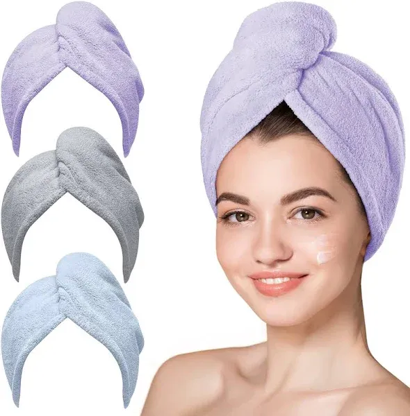 Microfiber Towel, 3 Packs Hair Turbans for Large, Blue,grey,purp<wbr/>le 