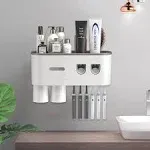 TuCao Toothbrush Holder Wall Mounted with Double Automatic Toothpaste Dispenser Squeezer Kit, 2/3/ Cups (Grey 2 Toothpaste Dispensers, 2 Cups)