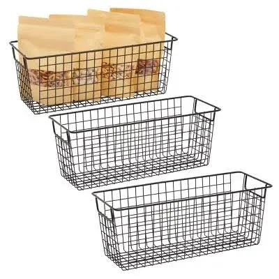 3 Pack Long Narrow Metal Wire Storage Baskets, Kitchen Shelf Organizer Bins, Black, 16 x 6 x 6 inches