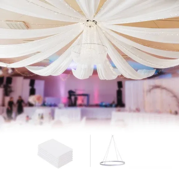 boldworks Ceiling Drapes Hanging Kit for Weddings Tent Bedroom Draping Parties Decoration White Fabric Includes Hoop Ring Set 5ft x 10ft Pack of 6