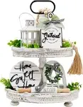 Set of 16 Farmhouse Tiered Tray Decor with 1 Lantern Artificial Plant&amp; Cutting B