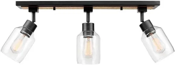 Globe Electric Griffith 3-Light Faux Wood and Black Track Lighting Glass Shades