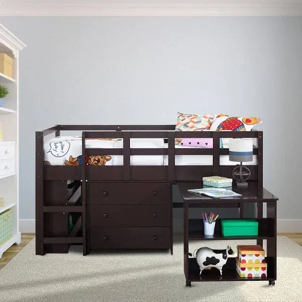 MAYKOOSH Espresso Twin Loft Bed with Desk, Low Study Kids Loft Bed, Low Loft Bed with Desk, Storage Cabinet, Ladder 24851