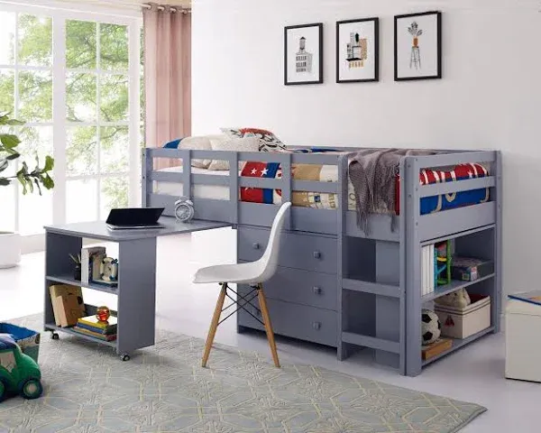 Naomi Home Low Loft Bed Twin Loft Bed with Desk and Storage Kids Beds for Boy Solid Pine Wood Toddler Loft Bed with Storage, Ladder Storage Guard Rails, No Box Spring Needed, Loft Bed Gray