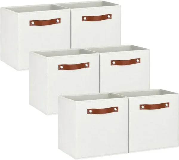 Pomatree 13x13 Storage Cubes - 6 Pack - Linen Fabric 13 Inch Cube Storage Bins for Bedroom, Living Room, Clothes and Toys, Shelves and Closet Organizer; Foldable, Dual Leather Handles (Off-White)