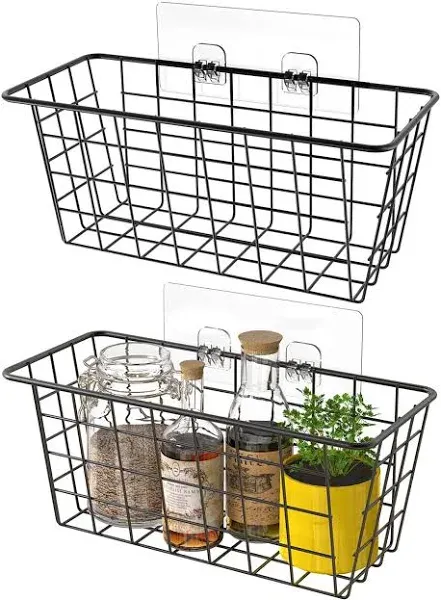 LeleCAT Hanging Kitchen Baskets for Storage Adhesive Sturdy Small Wire Storage Baskets with Kitchen Food Pantry Bathroom Shelf Storage No Drilling