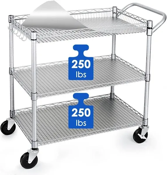 Heavy Duty 3 Tier Utility Cart,990Lbs Capacity Wire Rolling Cart with Wheels,...