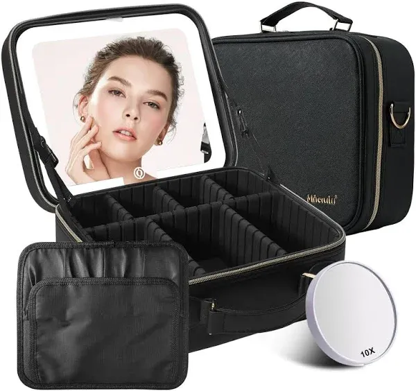 Mocado Travel Makeup Bag with LED Lighted Mirror,Travel Makeup Organizer,Makeup Case with 3 Color Lighted Setting and 10x Magnifying Mirror,Portable Storage and Adjustable Dividers Makeup Box(Black)