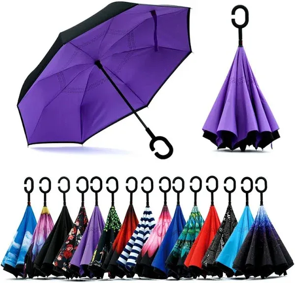 SIEPASA 49/56 Inch Inverted Reverse Upside Down Umbrella, Extra Large Double Canopy Vented Windproof Waterproof Stick Golf Umbrellas with C-shape Handle.