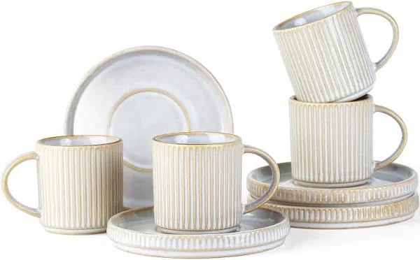 famiware Star Espresso Cups and Saucers Set of 4, [ Mini ] 3 oz Ceramic Small Coffee Mug with Handle, Ribbed Stoneware Demitasse Cup for Tea, Latte - Microwave & Dishwasher Safe - Matte White