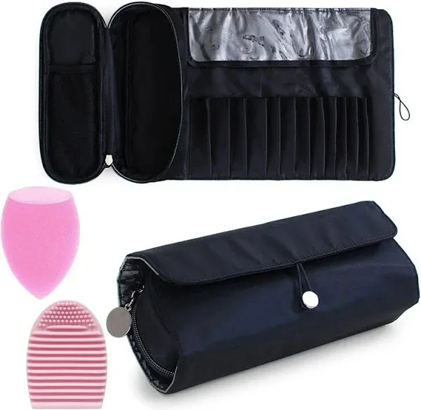 HIUZAR Portable Makeup Brush Organizer Makeup Brush Bag For Travel Can Hold 20+ Brushes Cosmetic Bag Makeup Brush Roll Up Case Pounch H