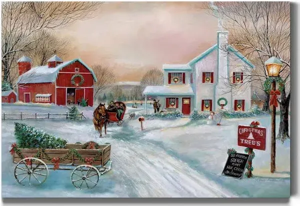 Renditions Gallery Christmas Tree Farm Wall Art, Country Winter Scene with Red Barn, Charming Decorations, Premium Gallery Wrapped Canvas Decor, Ready to Hang, 24 in H x 36 in W, Made in America