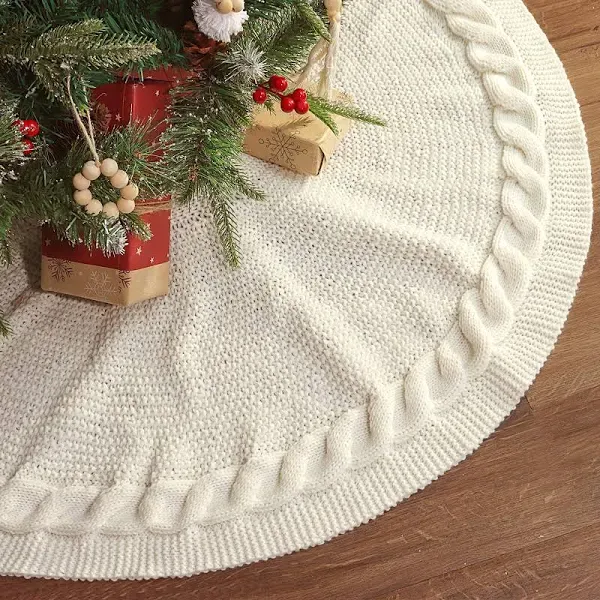  Knitted Christmas Tree Skirt: 36 Inches Cream White Tree Skirt, Chunky Cable 