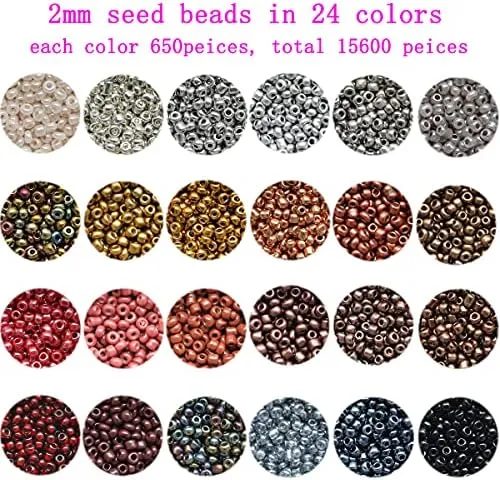 12/0 Glass Seed Beads about 15600pcs 24 Colors 2mm Loose Seed Beads Kit Brace...