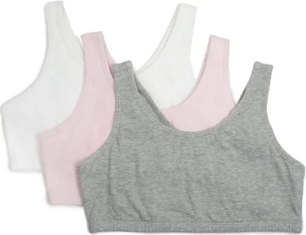 Fruit of the Loom Girls' 3 Pack Cotton Built -Up Stretch Sports Bra in Everyday Colors