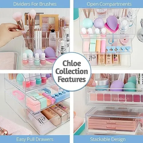 Stori Chloe Stackable Clear Makeup Holder and Double Organizer Drawer Set