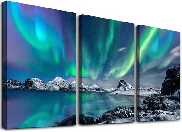 Farmhouse Wall Art Aurora Scenery Painting On Canvas Wall Decorations for Living Room Stretched and Framed Canvas Paintings 3 Piece Bedroom Bathroom